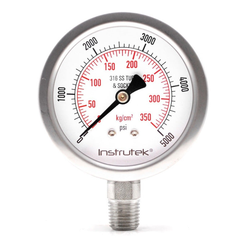 Stainless steel Glycerin pressure gauge 2.5 PLG, 0 to 5000 Psi, 1/4 connection