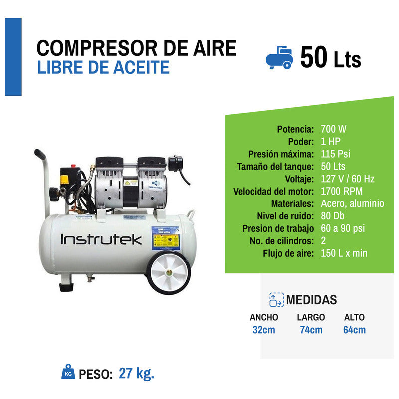 Oil Free Dental Compressor 1 Hp Tank 50 Lts
