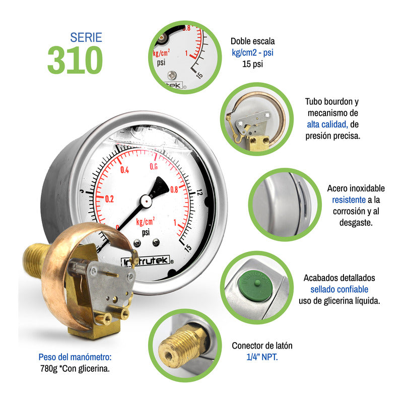 Stainless Steel Glycerin Pressure Gauge 4 IN, 15 Psi (air, water)