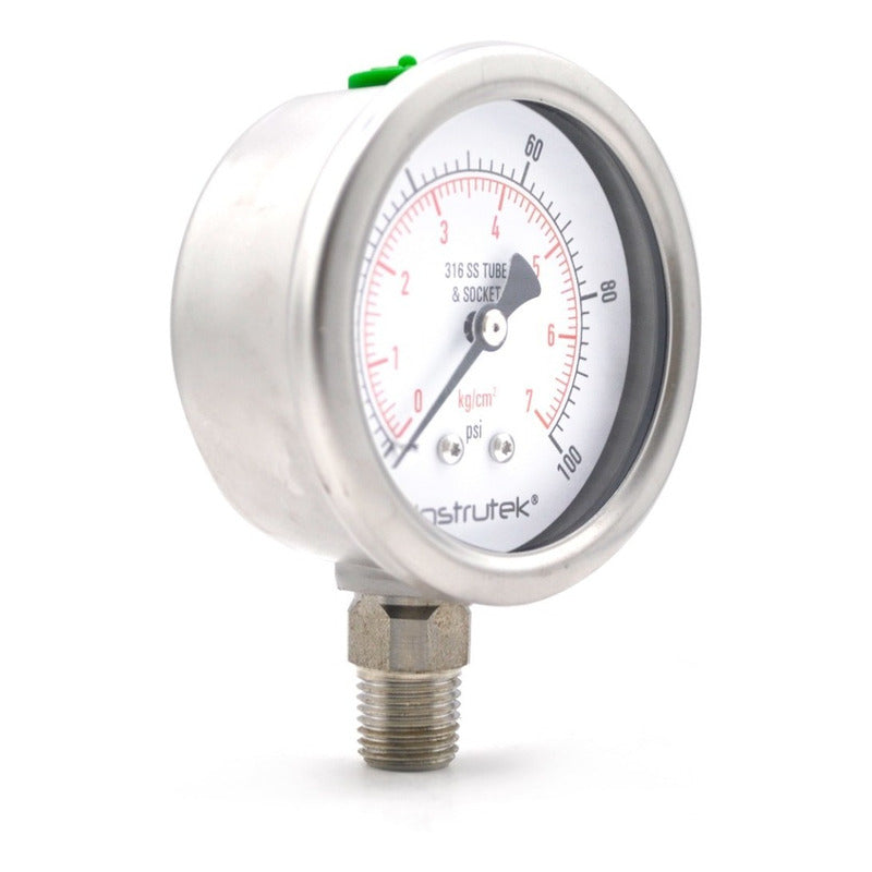 Stainless steel Glycerin pressure gauge 2.5 PLG, 0 to 100 Psi, 1/4 connection