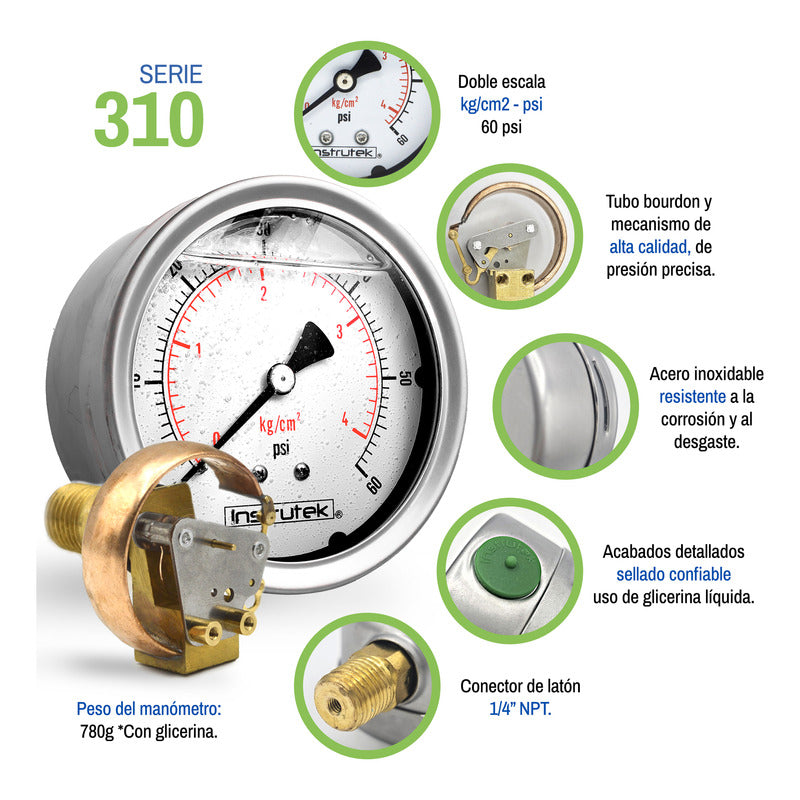 Stainless Steel Glycerin Pressure Gauge 4 IN, 60 Psi (Air, Water)