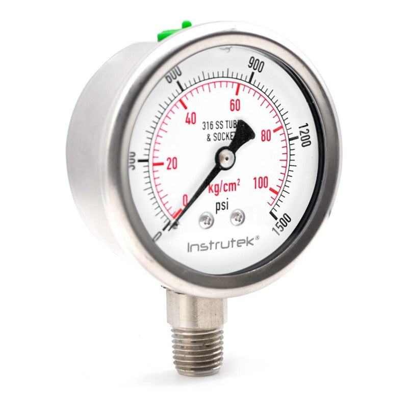 Stainless steel Glycerin pressure gauge 2.5 PLG, 0 to 1500 Psi, 1/4 connection