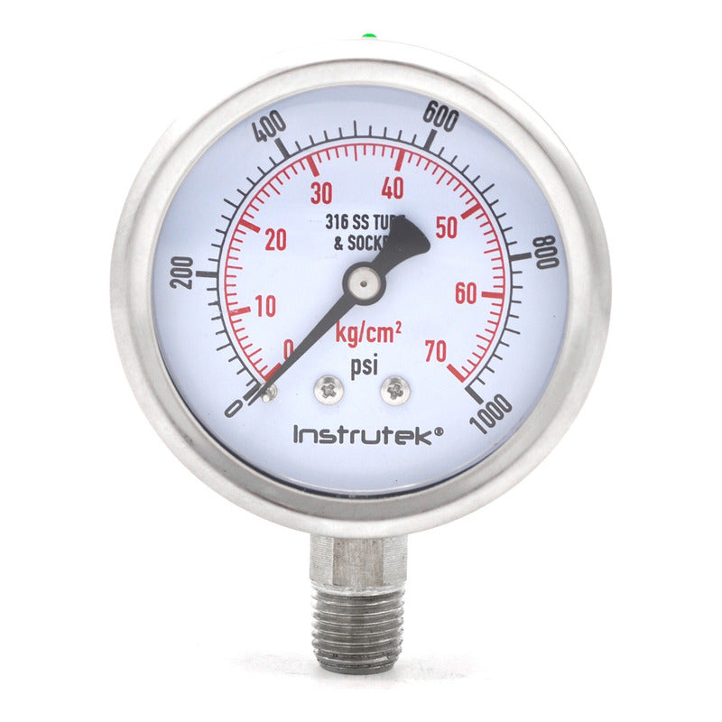 Stainless steel Glycerin pressure gauge 2.5 PLG, 0 to 1000 Psi, 1/4 connection