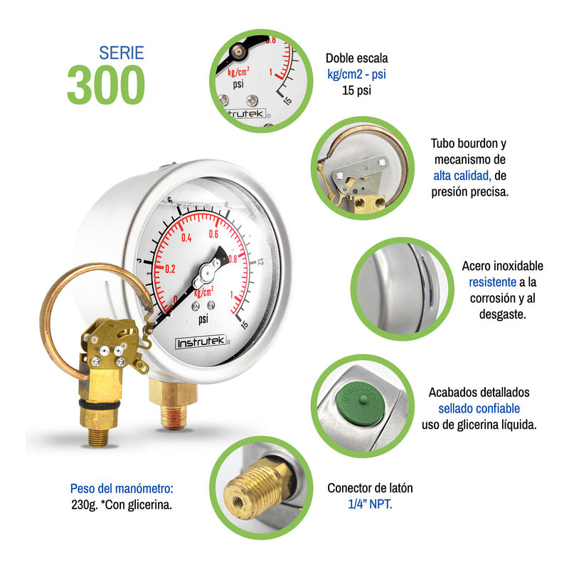 Manómetro Inox Glicerina 4 PLG, 15 Psi (aire, Agua)