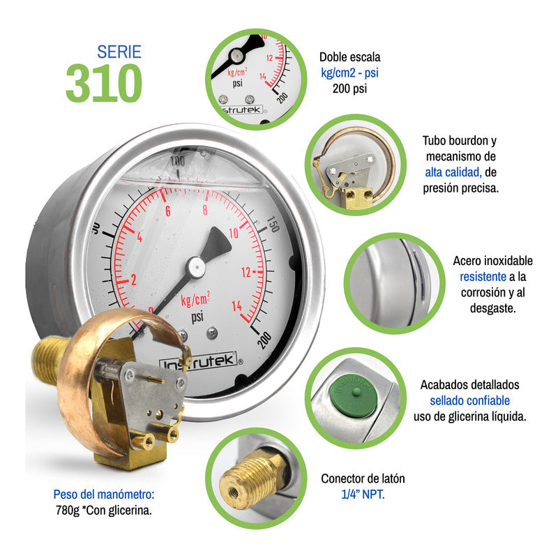 Stainless Steel Glycerin Pressure Gauge 4 IN, 200 Psi (Air, Water)
