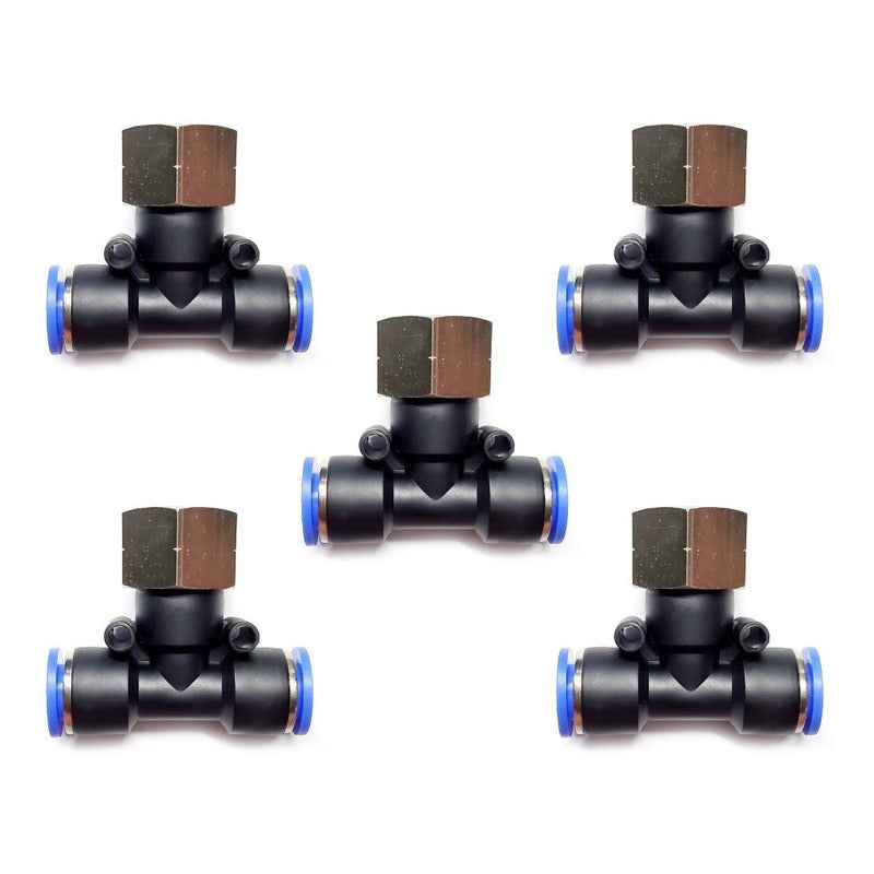 5pc Push-in Tee Pneumatic Fitting Coupling 3/8 Npt Female X 3/8 Hose.
