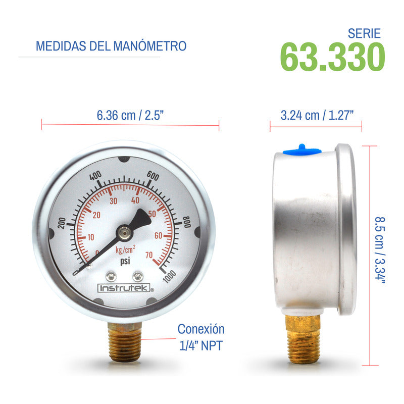Manómetro P/ Sistema De Riego C/glicerina 2.5 PLG, 1000