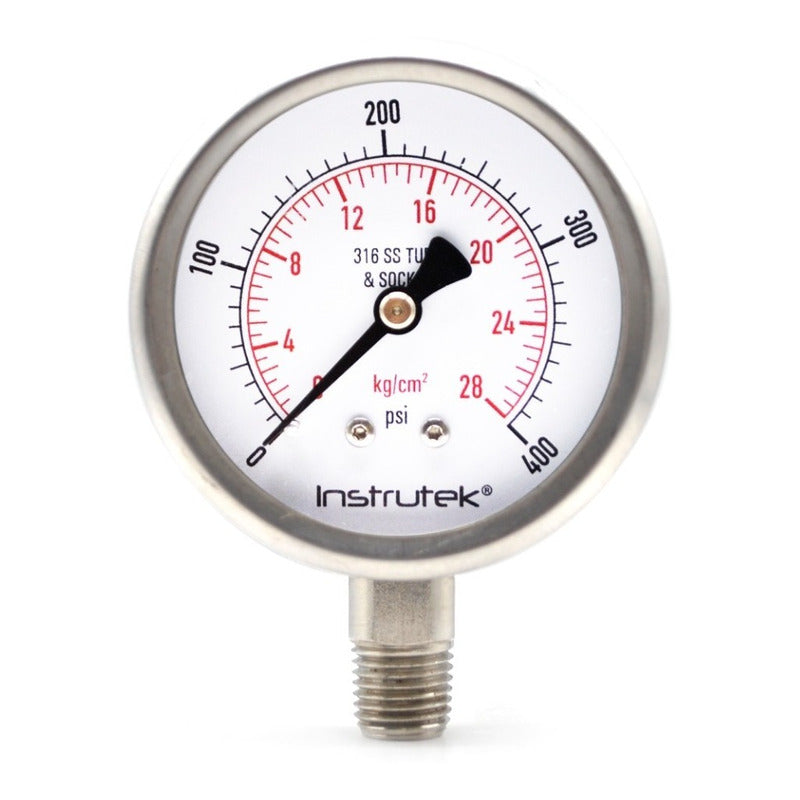 Stainless steel Glycerin pressure gauge 2.5 PLG, 0 to 400 Psi, 1/4 connection