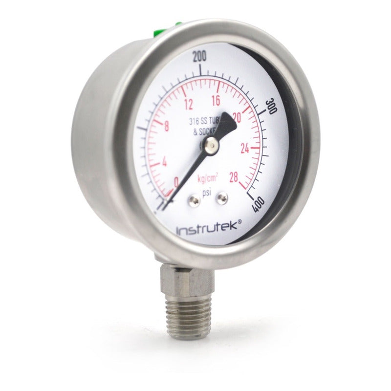 Stainless steel Glycerin pressure gauge 2.5 PLG, 0 to 400 Psi, 1/4 connection